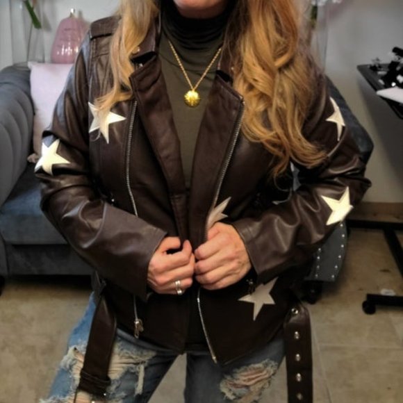 Zenana Outfitters Jackets & Blazers - Zenana Vegan Leather Star Patch Belted Moto Jacket Blush or Brown Color Choices